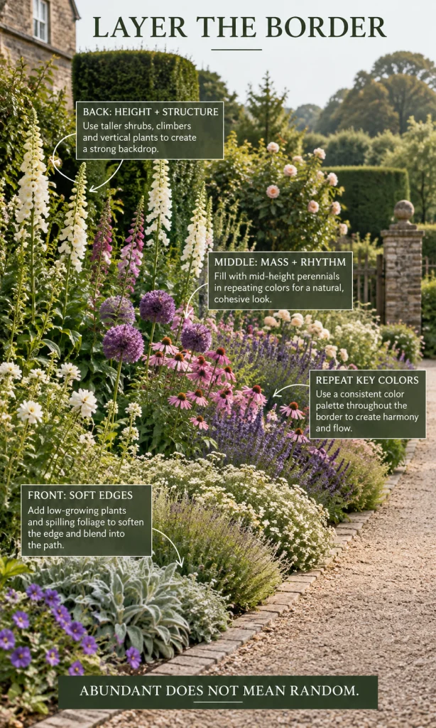 Layered English country garden border showing tall structure at the back, repeated mid-height planting and low plants softening the path edge