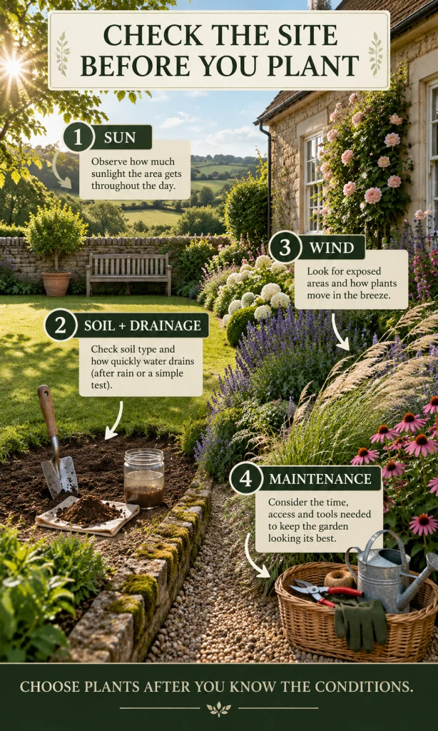 Country garden site check showing sunlight, soil drainage, wind exposure and maintenance needs before planting