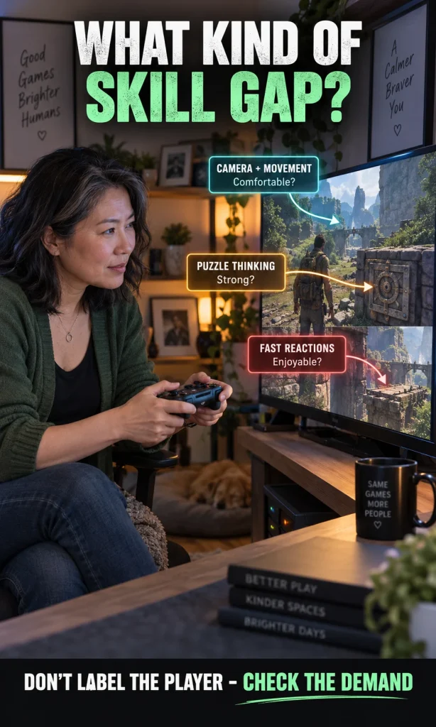 Woman comparing controller movement, puzzle ability and reaction speed to determine which kind of cooperative game fits a skill gap.