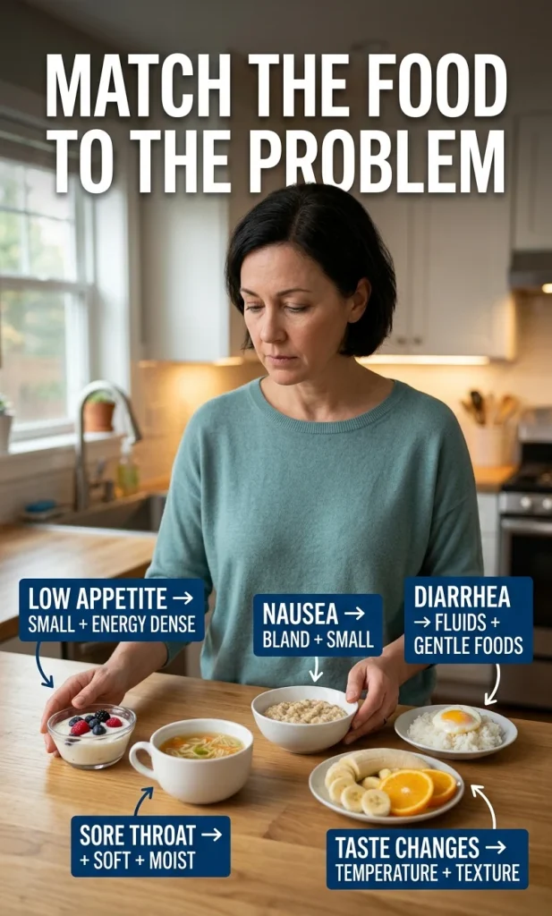 COVID recovery decision visual matching low appetite, sore throat, nausea, diarrhea and taste changes to practical food textures