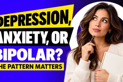 Woman considering the question of depression, anxiety, or bipolar disorder, with the words “The pattern matters.”