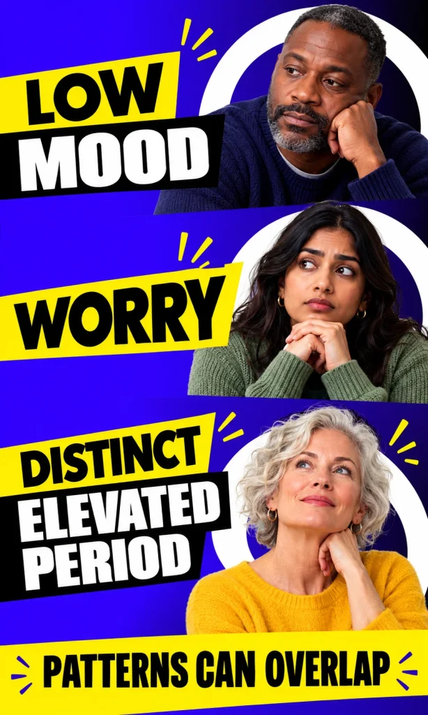 Three-column comparison of low mood, worry, and a distinct elevated period, noting their overlap.