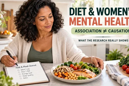 Woman journaling beside a balanced meal with the headline Diet and Women’s Mental Health and the reminder that association does not equal causation.