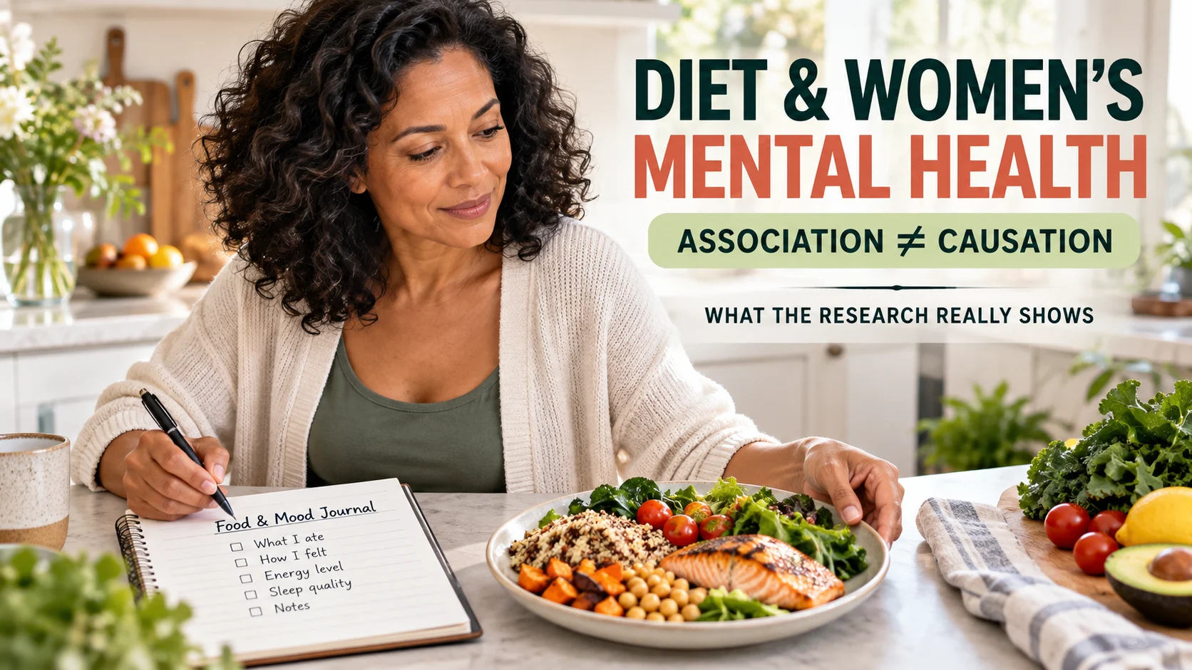 Woman journaling beside a balanced meal with the headline Diet and Women’s Mental Health and the reminder that association does not equal causation.