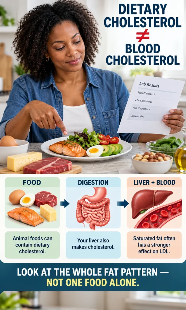 Woman comparing a meal and lab results while a visual pathway distinguishes dietary cholesterol from blood cholesterol