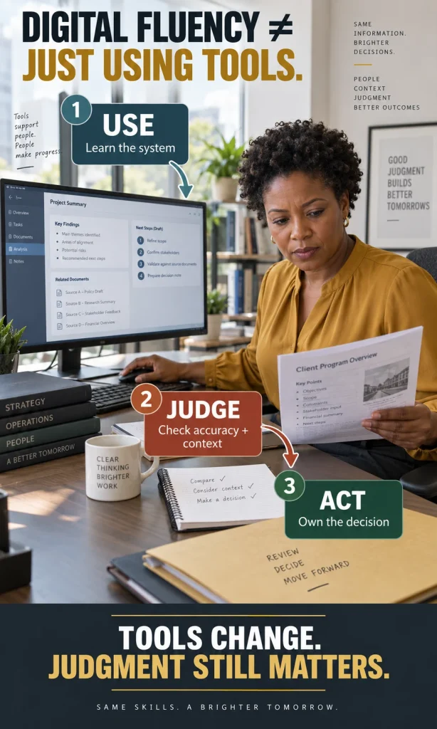 Professional using a digital system while separately checking information quality, context and final responsibility before acting.