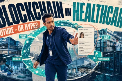 Does blockchain have a future in healthcare with doctor surrounded by connected hospital data systems