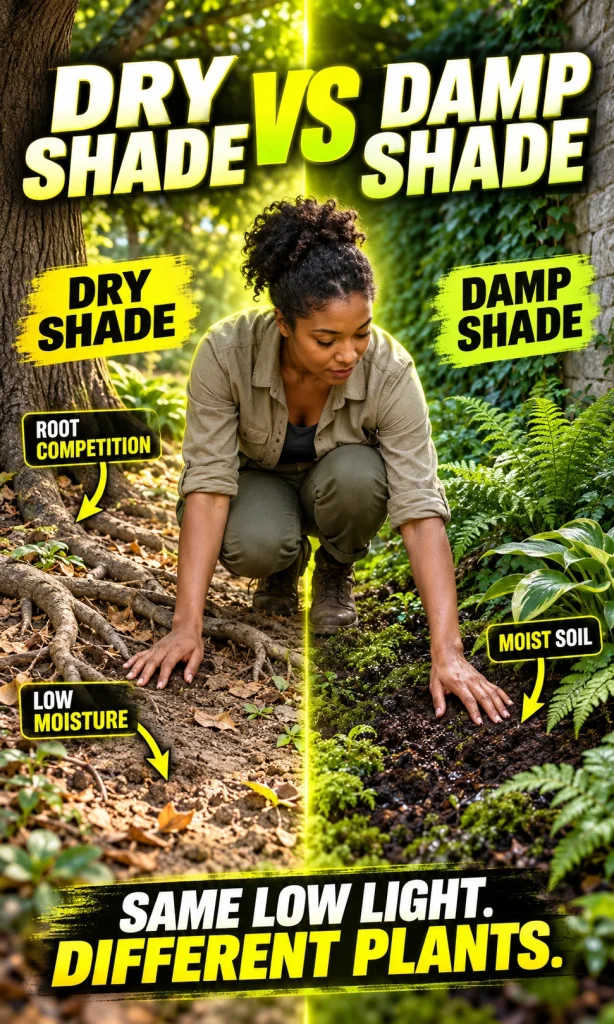 Side-by-side comparison of dry shade with tree-root competition and damp shade with moist soil