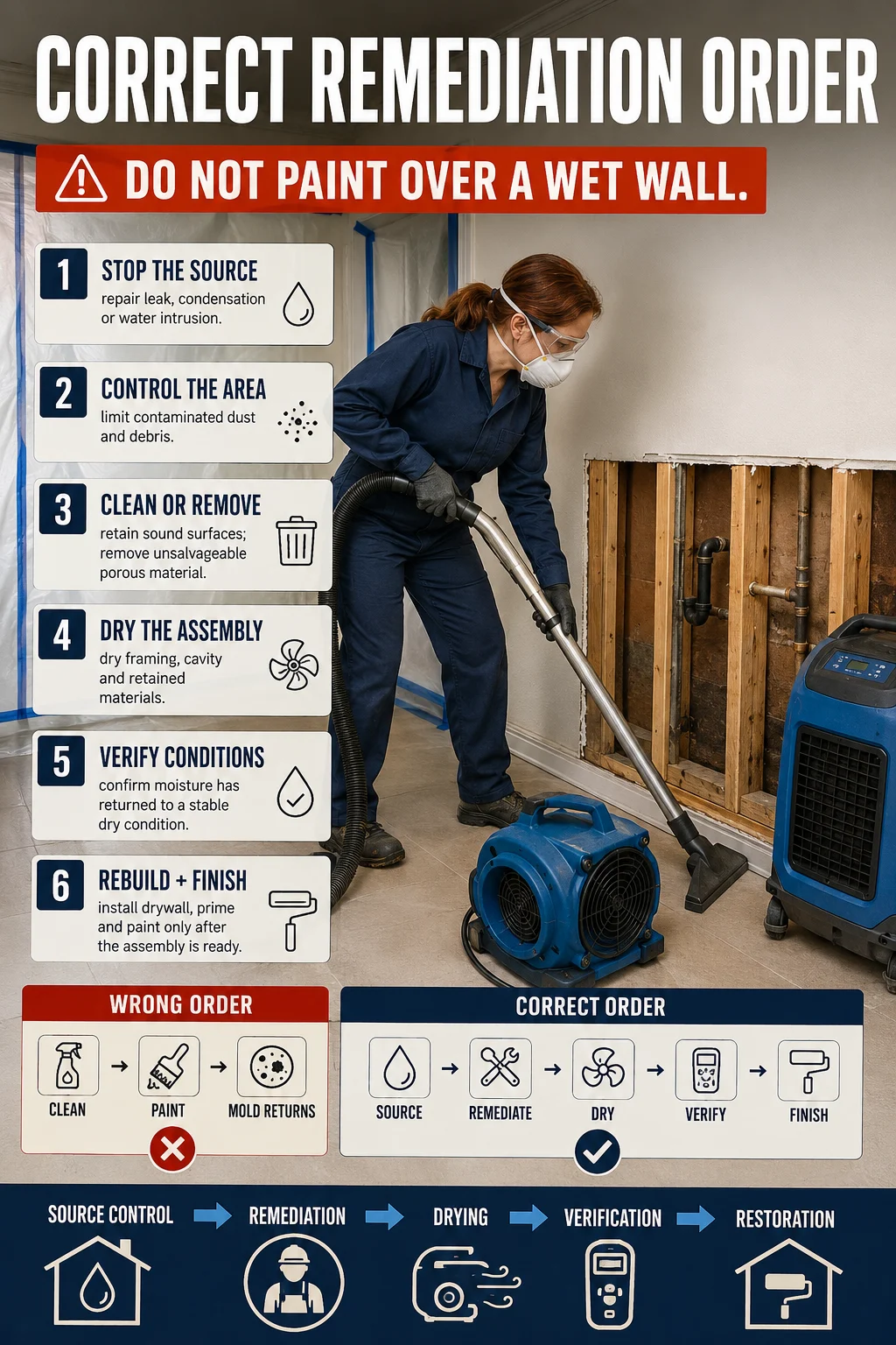 Female mold remediation technician following containment cleaning drying and verification steps before drywall repair