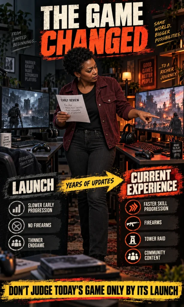 Player comparing the launch version of Dying Light 2 with the current game showing faster progression, firearms, extra activities and community content.