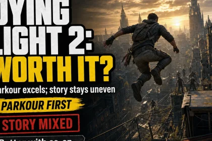A determined survivor moves across rooftops in a ruined city while a bold review graphic weighs Dying Light 2's strong parkour against its uneven story.