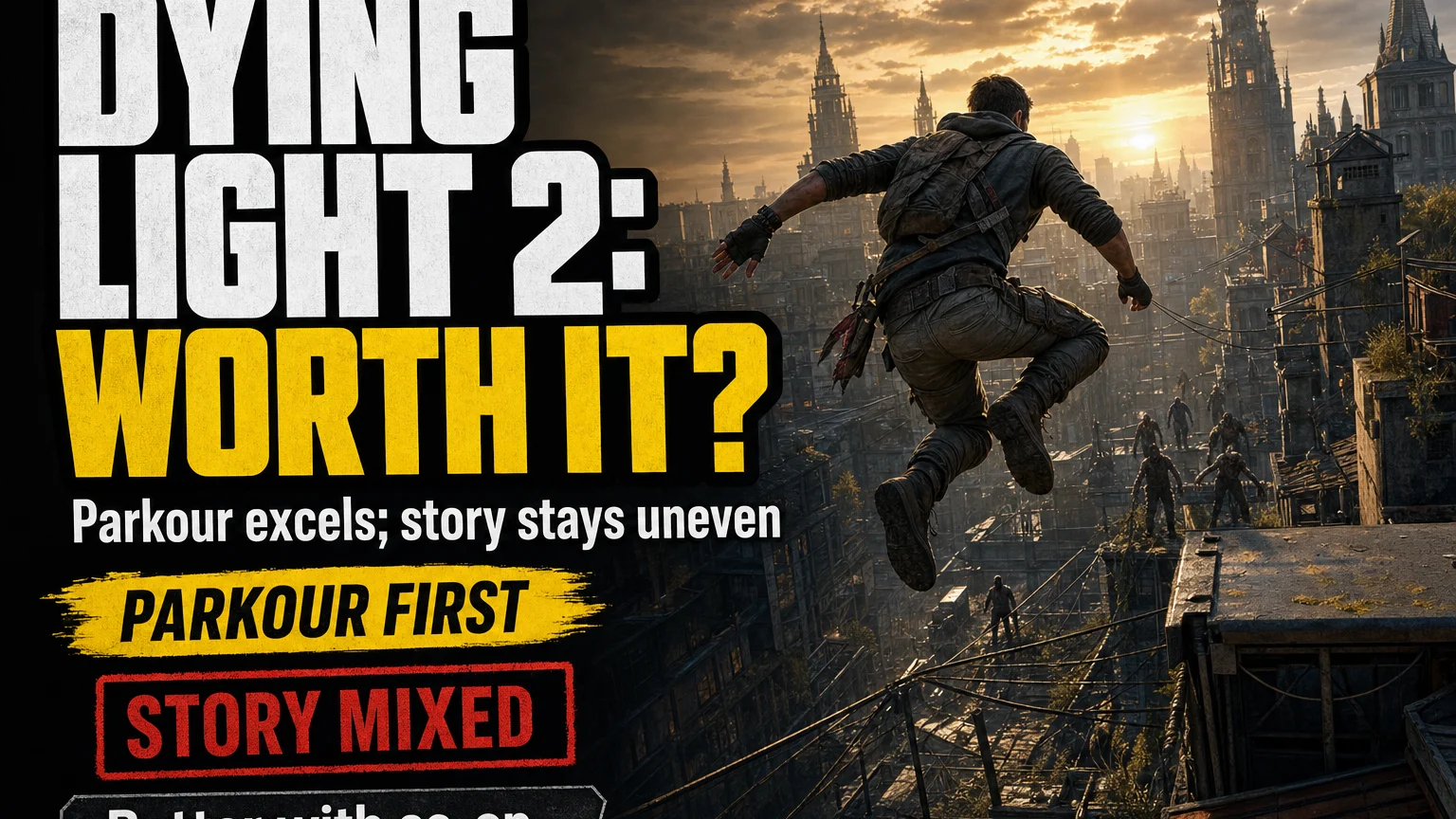 A determined survivor moves across rooftops in a ruined city while a bold review graphic weighs Dying Light 2's strong parkour against its uneven story.
