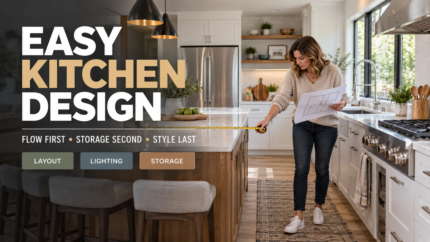 Woman measuring a kitchen island while holding a floor plan, beside headline text about designing kitchen flow before storage and style.