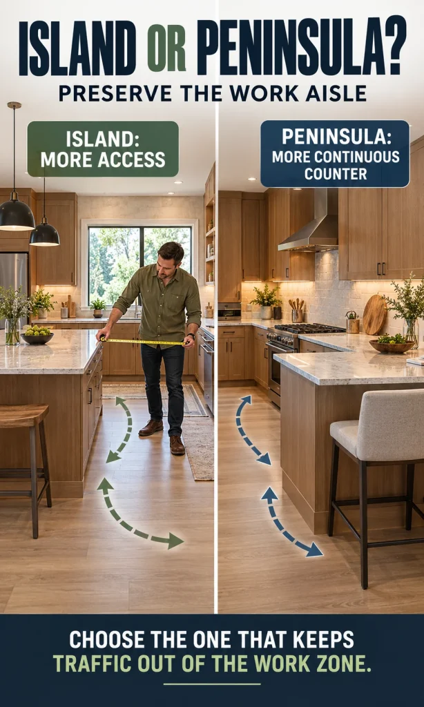 Split comparison of an island and peninsula kitchen, with a man measuring circulation and arrows showing traffic routes around each option.