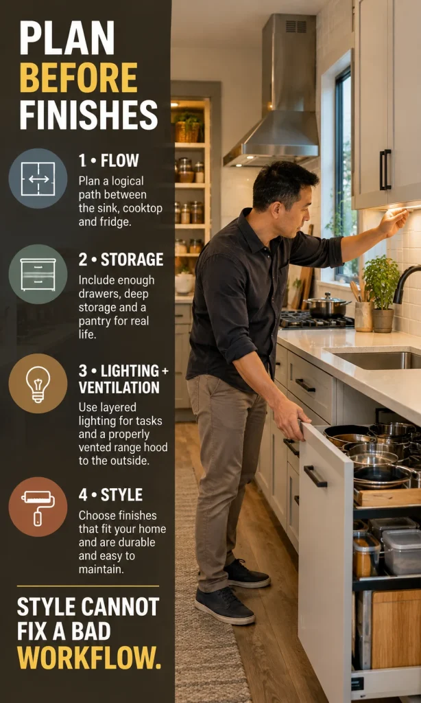 Man checking under-cabinet task lighting and deep drawer storage beside a four-step kitchen planning sequence from flow to style.