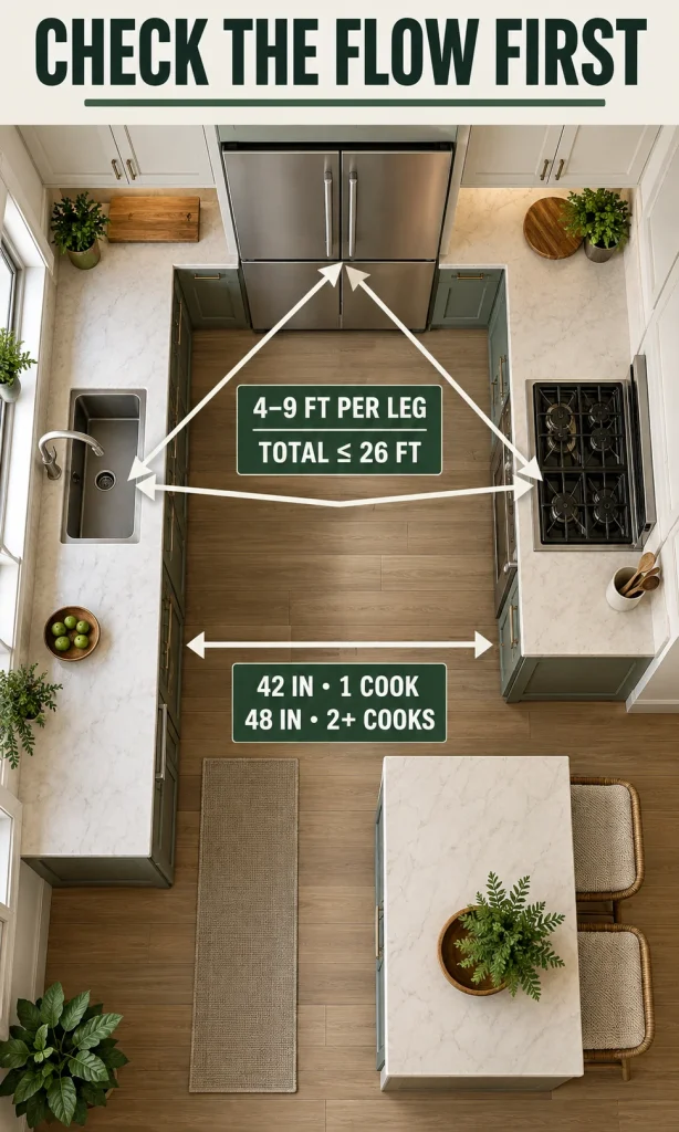 Overhead kitchen plan showing refrigerator, sink and cooktop linked as a work triangle with 4-9 foot legs, 26-foot total and 42- or 48-inch aisle references.