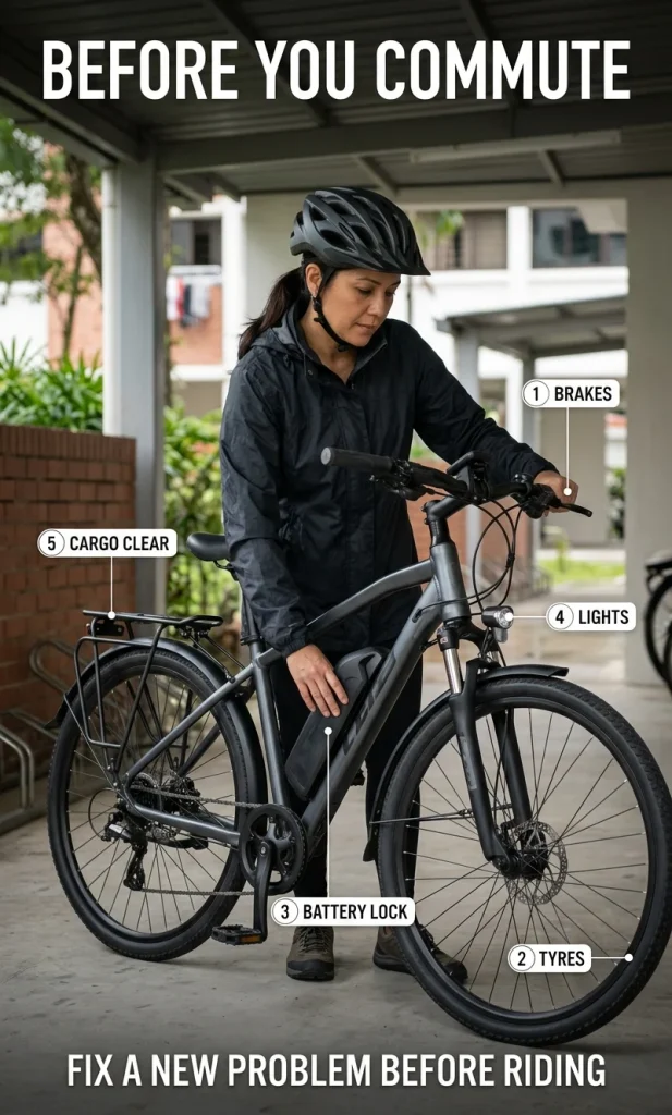 Commuter checking e-bike brakes, tyres, battery lock, lights and cargo security before a weekday ride