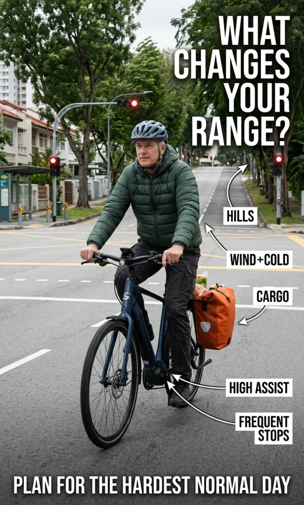 E-bike commute route showing how hills, cargo, wind, temperature, assist level and frequent stops affect battery range