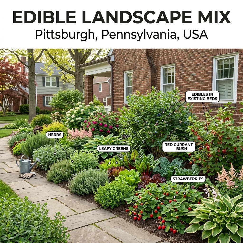 Edible landscape mix in Pittsburgh, Pennsylvania, showing herbs, leafy vegetables, strawberries, and edible shrubs integrated into ornamental beds.