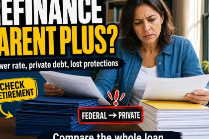 Parent reviewing two loan options while weighing a lower private refinance rate against the federal protections of a Parent PLUS loan