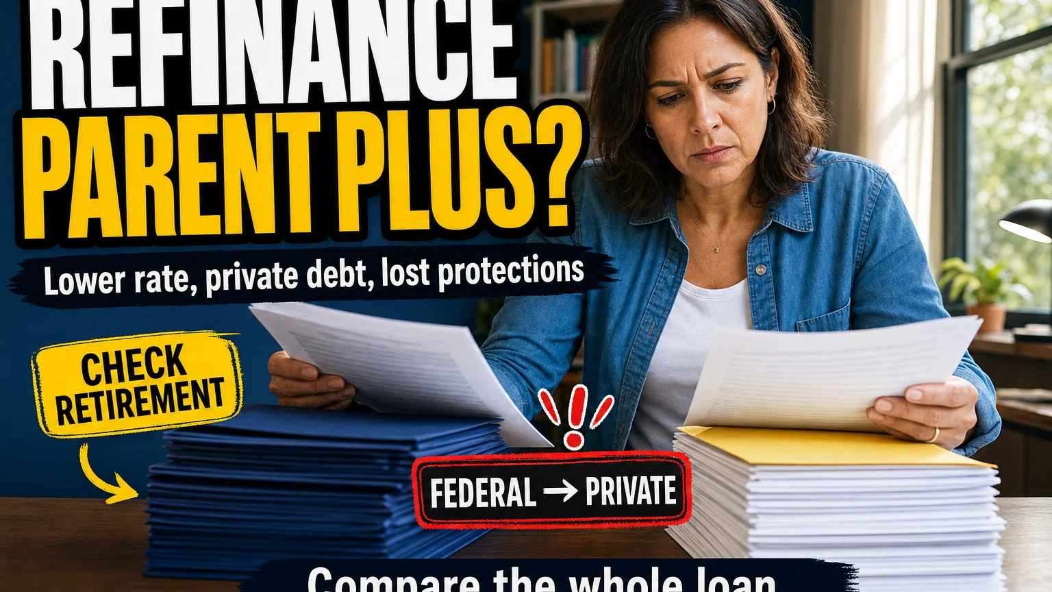 Parent reviewing two loan options while weighing a lower private refinance rate against the federal protections of a Parent PLUS loan
