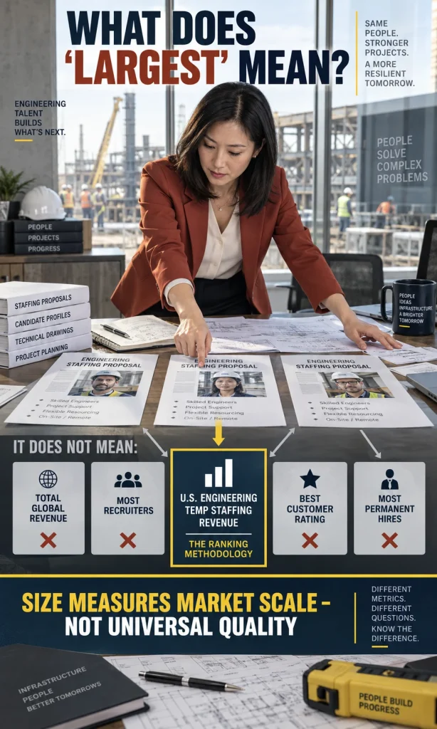 Engineering staffing ranking infographic showing that market size is based on U.S. engineering temporary staffing revenue rather than total company revenue, recruiter count or customer ratings.
