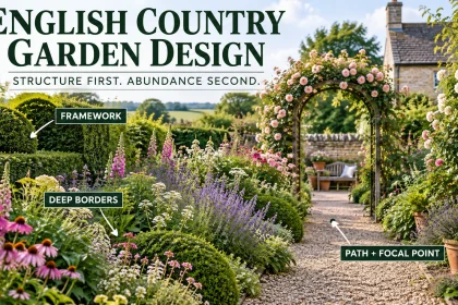 English country garden with clipped hedge framework, deep flower borders, rose arch and gravel path leading to a focal point