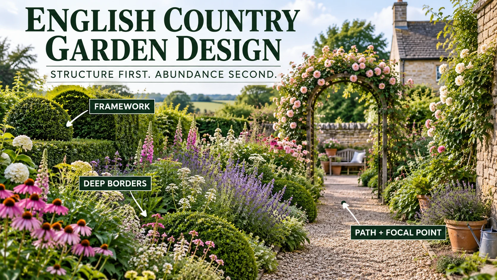 English country garden with clipped hedge framework, deep flower borders, rose arch and gravel path leading to a focal point