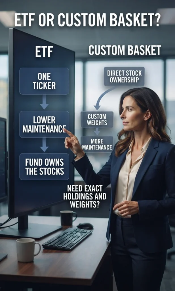 Investor using a decision comparison between ETF simplicity and custom basket control, with ownership and maintenance cues.