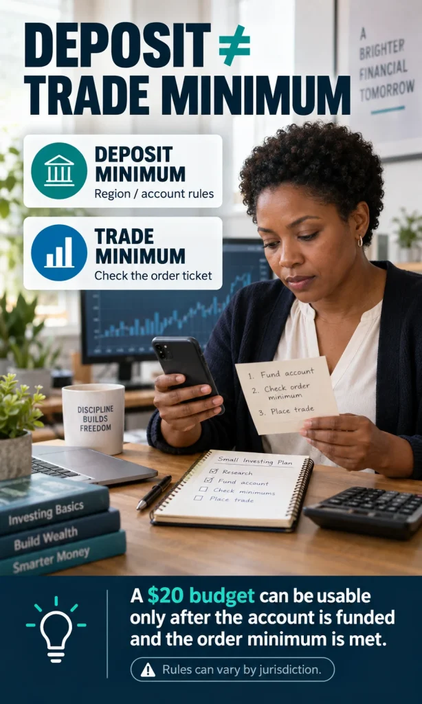 Investor comparing the separate deposit minimum and trade minimum before using a $20 eToro budget.