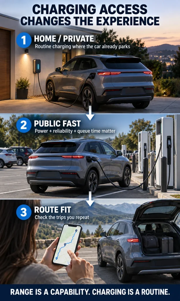 Electric vehicle charging flow showing home charging, public fast charging and route planning as different ownership conditions.