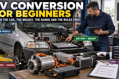 Mechanic planning an electric vehicle conversion beside a donor car, battery pack and motor with callouts for weight, brakes, chassis, legal and insurance checks.
