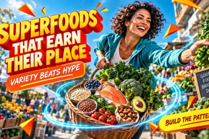 Energetic market scene with a shopper selecting berries, leafy greens, salmon, avocado, oats, beans, nuts and tomatoes for a varied diet