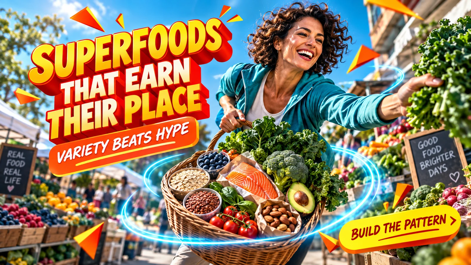 Energetic market scene with a shopper selecting berries, leafy greens, salmon, avocado, oats, beans, nuts and tomatoes for a varied diet