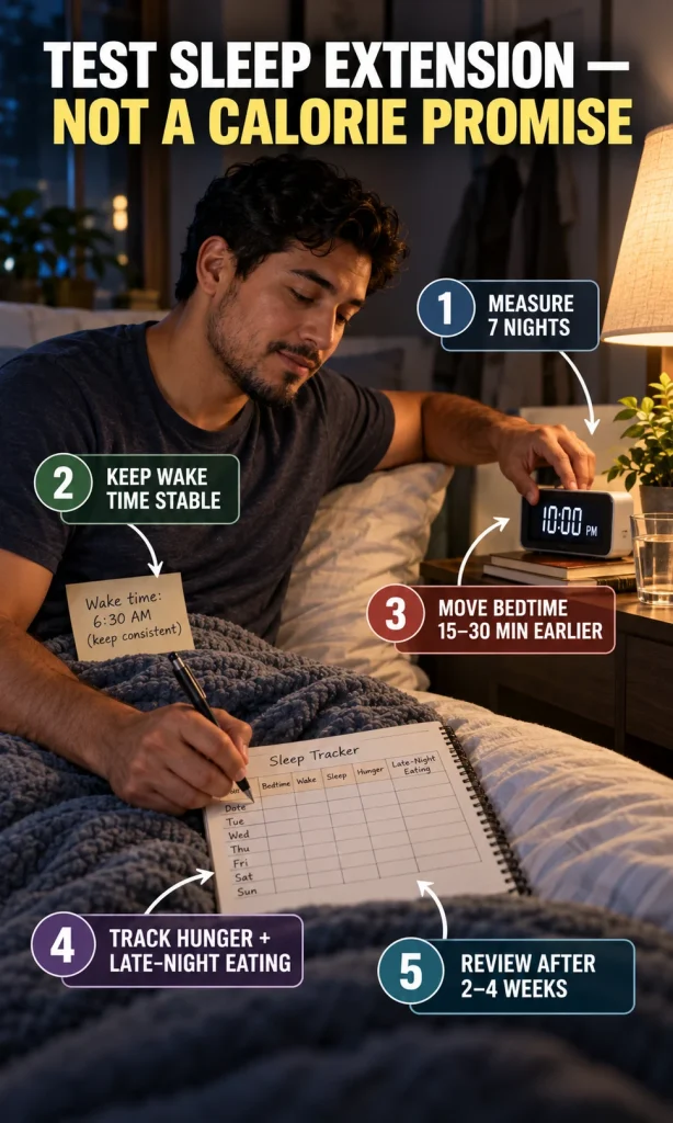 Practical sequence for extending sleep with a stable wake time, earlier bedtime and two-to-four-week tracking.