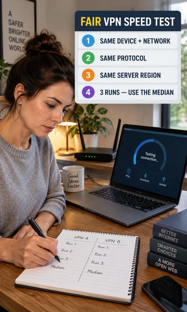 Woman running a fair VPN speed comparison with same device, same protocol, same server region and three-run median checkpoints.