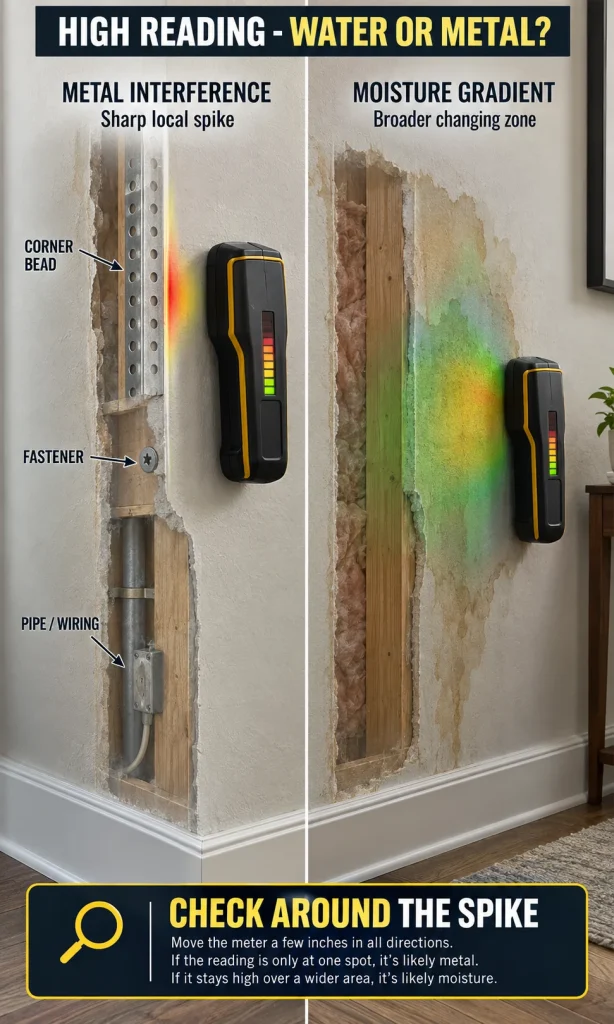 Cutaway wall showing a moisture meter high-reading spot caused by metal corner bead or fasteners compared with a broader true moisture gradient.