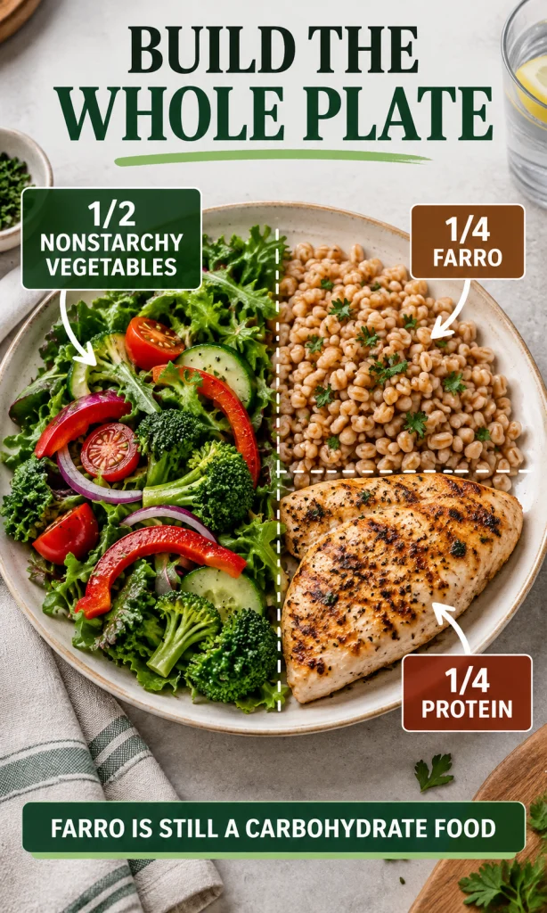 Balanced plate with half nonstarchy vegetables, one quarter farro and one quarter protein