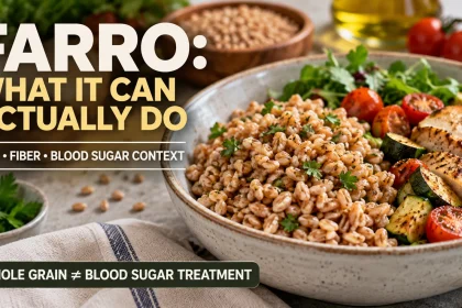 Farro grain bowl with labels highlighting iron, fiber and blood-sugar context while noting that farro is not a blood-sugar treatment