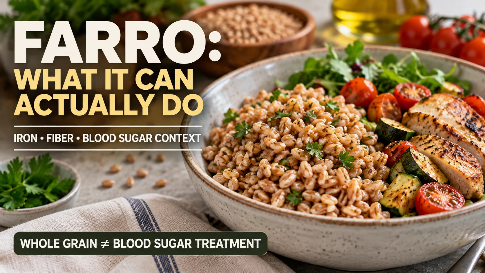 Farro grain bowl with labels highlighting iron, fiber and blood-sugar context while noting that farro is not a blood-sugar treatment