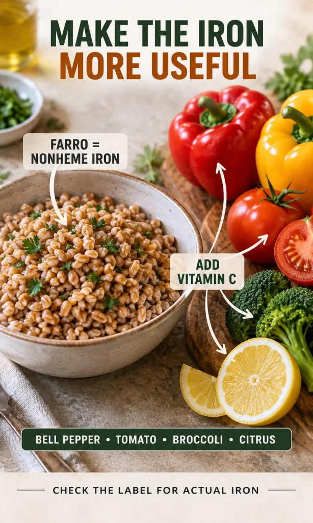 Farro paired with bell pepper, tomato, broccoli and lemon to support absorption of nonheme iron