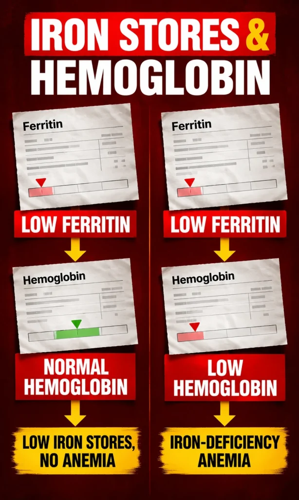 Two labeled lab result pathways showing low iron stores can precede low hemoglobin.