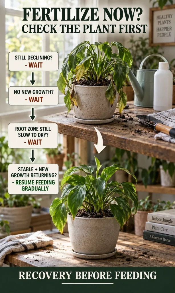 Decision visual showing when to wait and when to resume fertilizer after root rot recovery