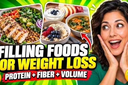High-energy collage of a protein grain bowl, oatmeal, yogurt, fruit and vegetable soup with the headline “Filling Foods for Weight Loss.”