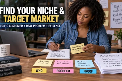 Business owner organizing customer, problem, and evidence notes while researching a niche and target market.