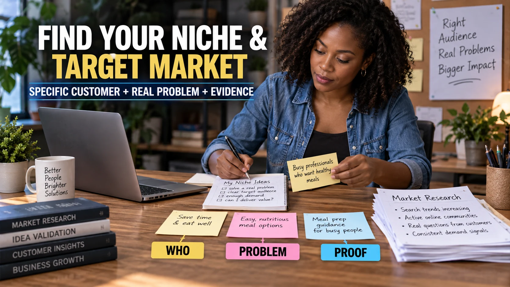Business owner organizing customer, problem, and evidence notes while researching a niche and target market.