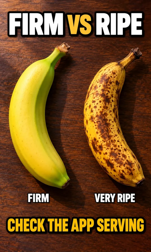 Firm green-yellow banana beside a very ripe spotted banana with a reminder to check the app serving