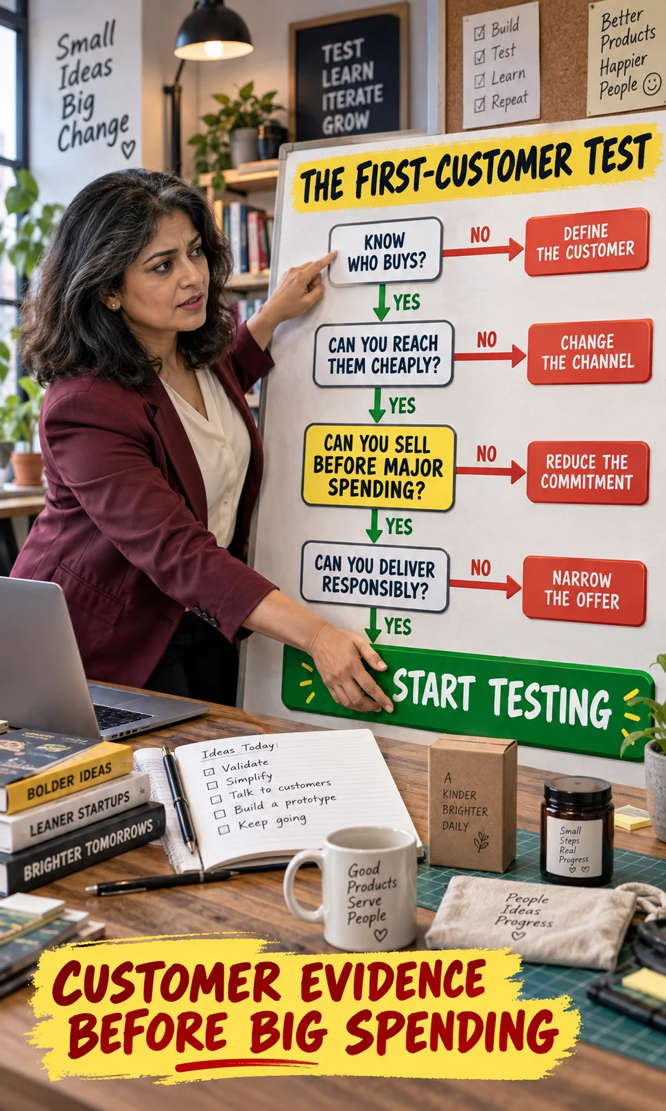 Founder following a decision path that checks buyer identification, low-cost customer access, ability to sell before heavy spending and readiness to test the business.