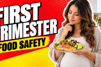 Pregnant woman considering a plate of cooked salmon, salad, and avocado beside a first trimester food safety headline.