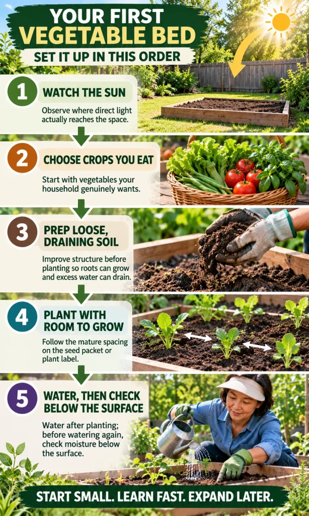 Five-step vegetable-bed setup sequence showing sunlight observation, crop selection, loose soil preparation, mature plant spacing and a below-surface moisture check after watering.